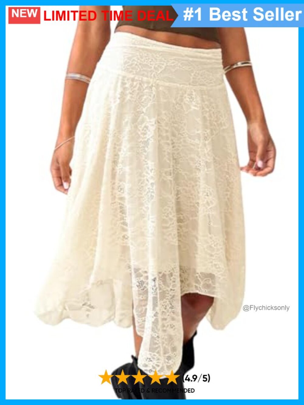 Boho Lace Asymmetrical Midi Skirt High Waist Handkerchief Hem Flowy